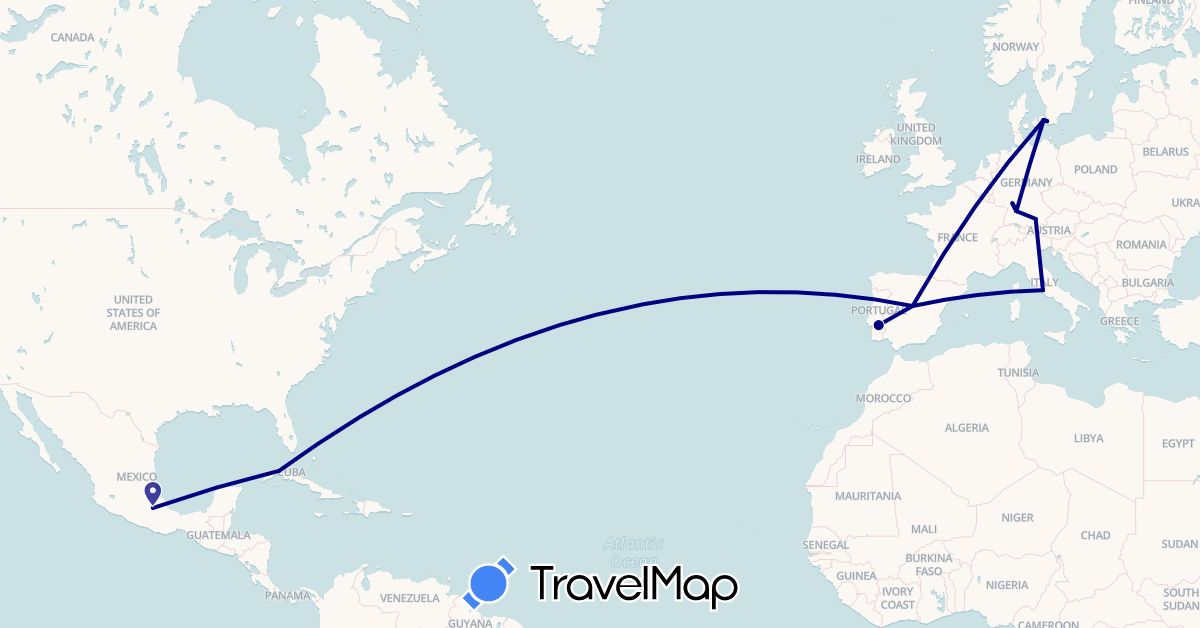 TravelMap itinerary: driving in Cuba, Germany, Denmark, Spain, Italy, Mexico, Portugal, Sweden (Europe, North America)